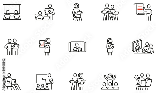 Vector Set of Linear Icons Related to Conference, Public Speaking, Online Seminar and Storytelling. Mono Line Pictograms and Infographics Design Elements