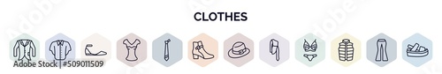 set of clothes web icons in outline style. thin line icons such as oxford wave blazer, denim shirt, flat shoes, chiffon suffle blouse, tie, ankle boots, men hat, one shoulder dress, padded vest,