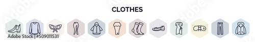 set of clothes web icons in outline style. thin line icons such as leather chelsea boots, collarless cotton shirt, cat eye glasses, slit skirt, nylon jacket, peplum skirt, women socks, leather