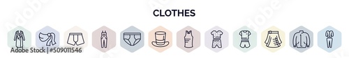 set of clothes web icons in outline style. thin line icons such as housecoat, shawl, boxers, dungarees, briefs, top hat, sleeveless shirt, pyjamas, kilt icon.
