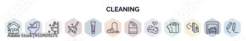 set of cleaning web icons in outline style. thin line icons such as house cleanin, toilet cleanin, sink cleanin, broom toothpaste, wiping vacuum tool, bleach sponge wiping iron icon.