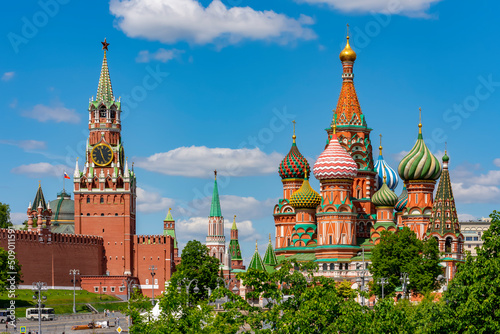 Moscow cityscape with Cathedral of Vasily the Blessed (Saint Basil's Cathedral) and Spasskaya Tower on Red Square, Russia