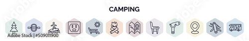 set of camping web icons in outline style. thin line icons such as tree, raft, surfing, outlet, deck chair, bonfire, map, chair, location icon.