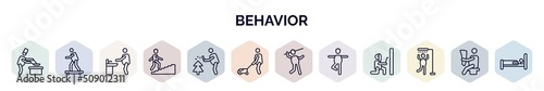 set of behavior web icons in outline style. thin line icons such as man cooking, man skating, washing hands, climbing stairs, prune hedge, cutting lawn, man throwing javelin, stick excersicing,
