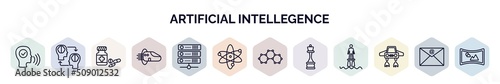 set of artificial intellegence web icons in outline style. thin line icons such as voice recognition, mind transfer, medicine, hyperloop, servers, science, graphene, chess, fyling vehicle