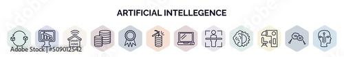 set of artificial intellegence web icons in outline style. thin line icons such as replacement, business, smart home, database, recognition, data mining, laptop, body scan, sensorama icon.