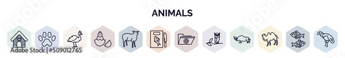 set of animals web icons in outline style. thin line icons such as kennel, paw, cassowary, baby chicken, lamb side view, fish and knife, medic folder, wise, camel facing left icon.
