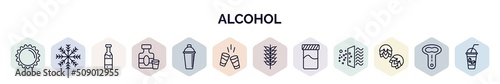 set of alcohol web icons in outline style. thin line icons such as bottle cap, cooling, beer bottle, whisky, shaker, shots, malt, fermentation, hop icon.