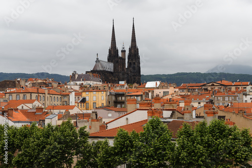 Panoramic view of the city of Clermont-Ferrand with its cathedral. France.