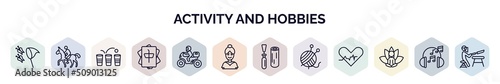 set of activity and hobbies web icons in outline style. thin line icons such as butterfly catcher, horse riding, beer pong, mahjong, motorcycle, ballerina, wood carving, yarn ball, meditating,