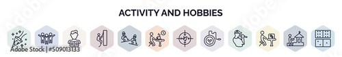 set of activity and hobbies web icons in outline style. thin line icons such as party, aerobic, boy reading, rappelling, freestyle, resting, hunting, yoyo, insect collecting icon.