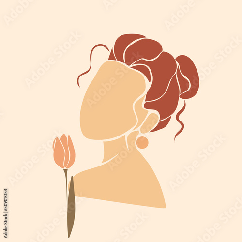 Modern minimalist abstract woman portrait. Bohemian style  aesthetic wall decor. Poster for hair stylist beauty salon.