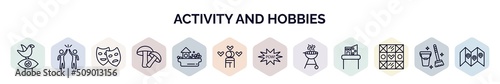 set of activity and hobbies web icons in outline style. thin line icons such as bird watching, meeting with a friend, acting, mushrooming, ball pit, couple huging, comic, barbeque, quilt