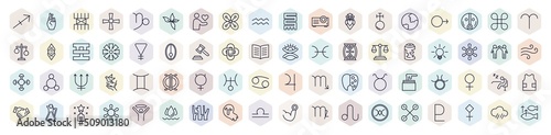 set of zodiac web icons in outline style. thin line icons such as sagittarius, lifes challenges, affluence, antimony, soapstone, ingenuity, mercury, lethargy, libra icon.