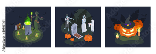 Isometric halloween costumes trick or treat party posters. Spooky halloween party pumpkin, ghost, zombie and wizard vector background illustrations
