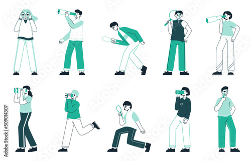 Searching people, characters looking smth with spy glasses. Exploring, searching work opportunities and ideas vector illustration set. People looking through binoculars and magnifier