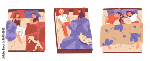 Cartoon sleeping couples and families with pets, men and women lying asleep. Characters napping in bed with pillows and blankets vector illustration set. Night rest, bedtime collection