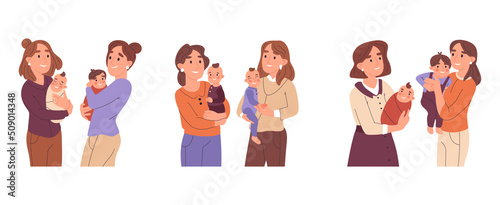 Moms carrying newborn babies and toddlers, mothers with little kids. Cartoon moms speaking with each other, mothers baby care club vector illustration set. Caring mothers and babies