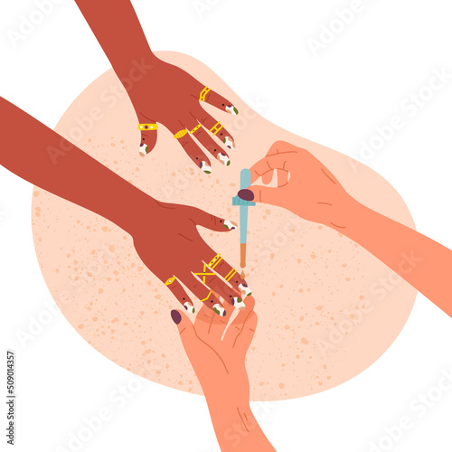Professional manicure, female fingernails care procedure and nail design. Nail master and client during manicure session cartoon vector illustration. Manicure salon procedures concept