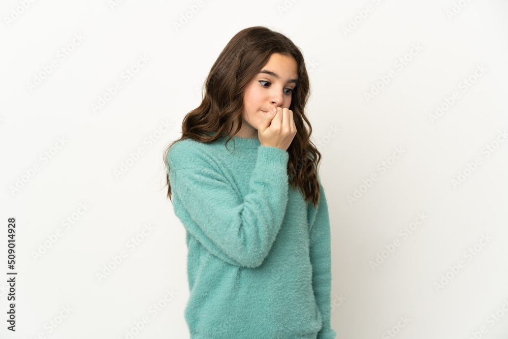 Little caucasian girl isolated on white background having doubts Little caucasian girl isolated on white background having doubts