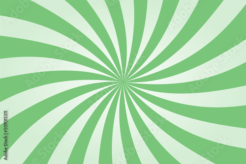 Green twisted sunburst background. Vintage swirling pattern wallpaper. Vortex or vertigo concept. Radial spiral stripes backdrop. Supernova. Comic design element. Vector illustration, flat, clip art.