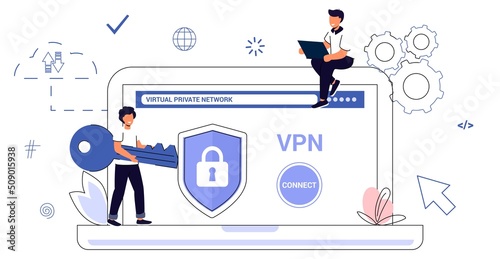 VPN Service Concept Virtual private network App for secure connection Data encryption Remote server Cloud technology Vector illustration Internet service provider Intranet access Cyber security