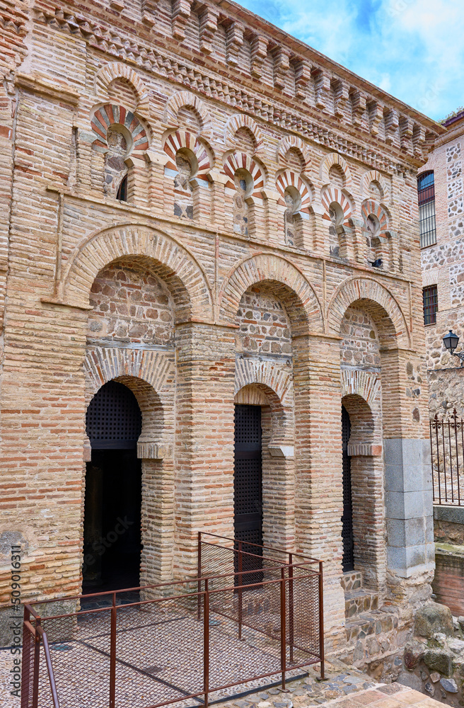 Lateral facade of the Cristo de la Luz Mosque, the most representative monument of the Mudejar architecture in Toledo, Castilla La Mancha, Spain. 