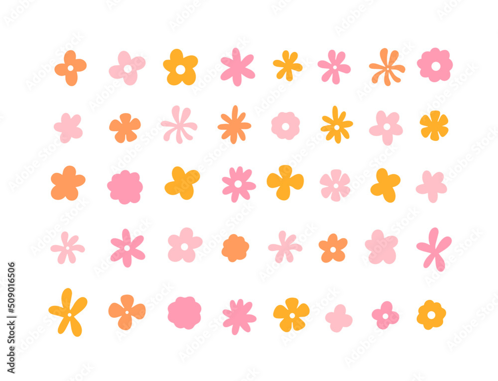 Retro groovy abstract flowers set. Hippie simple illustrations for greeting cards, posters, websites and other.