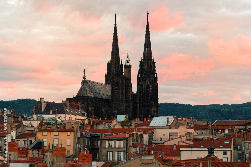 Cathedral of Our Lady of the Assumption of Clermont Ferrand at sunset . Puy-de-Dome. France