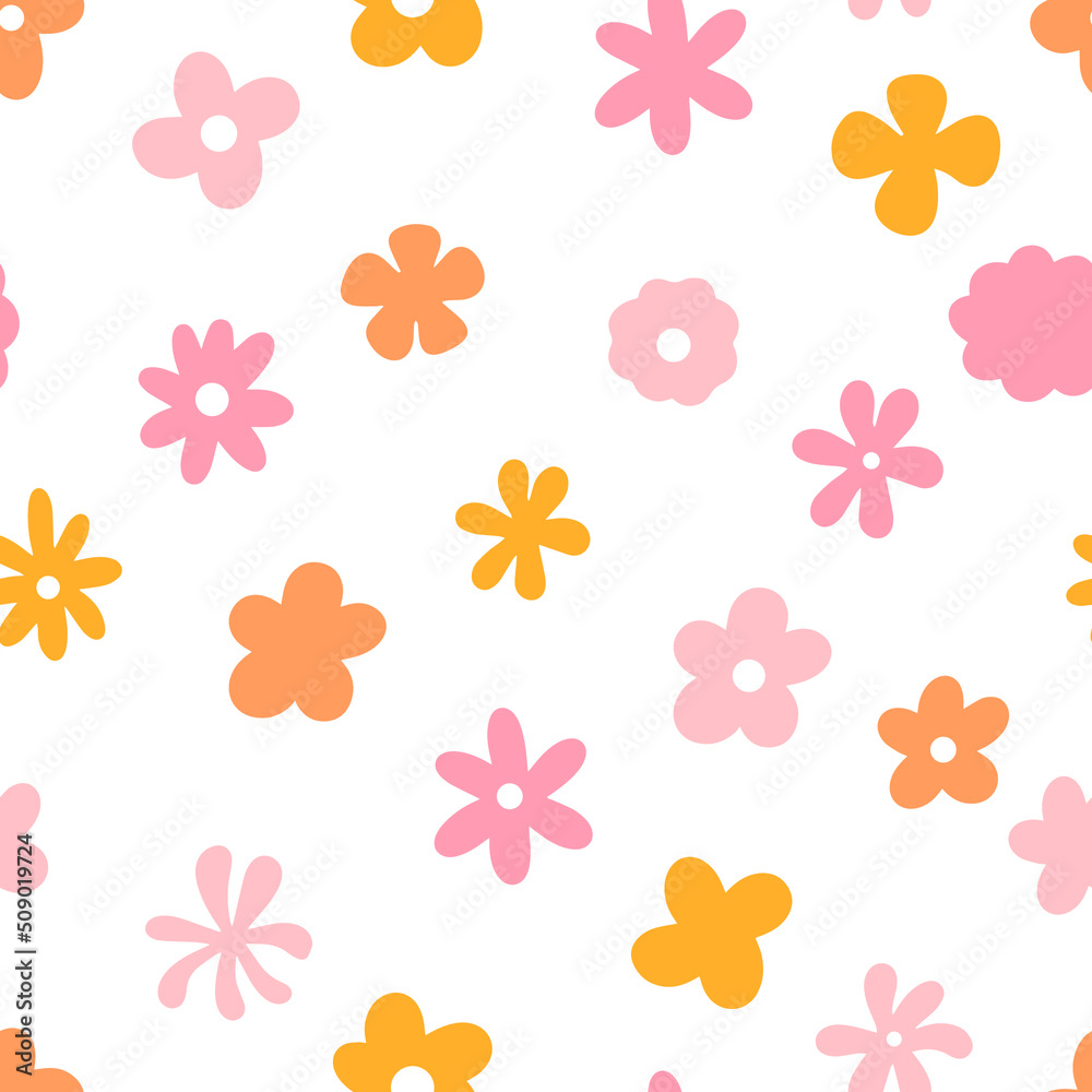 Retro abstract seamless pattern with vintage groovy flowers. Retro vector daisy seamless pattern.