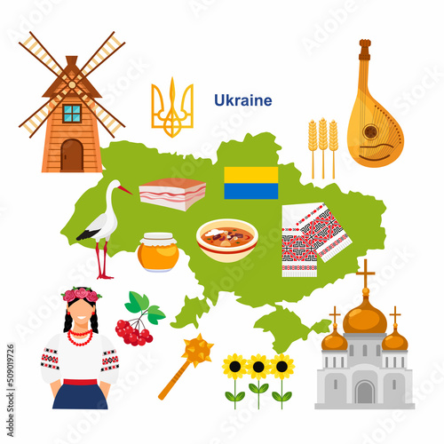 Ukraine map and elements set. National symbols - flag, embroidery, viburnum, church, windmill, bandura, trident, wheat

