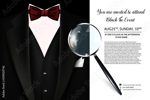 An invitation to an event in a Black Tie. Elegant black and white postcard. Vector illustration with the inscription places and times