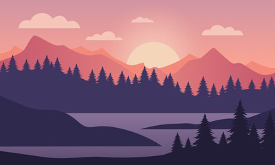 Leinwandbilder Aubergine Mountain landscape in the morning. Mountain and river views. Sunset landscape. Realistic pine forest and mountain silhouettes, evening wood panorama. Vector illustration   © OksanaValion