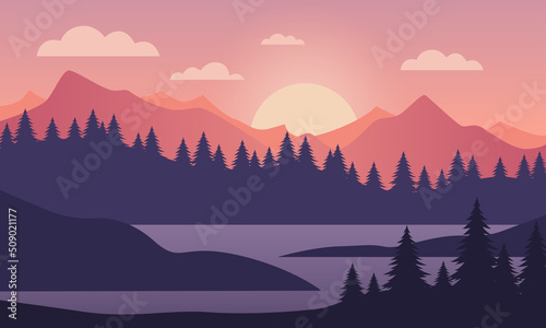 Mountain landscape in the morning. Mountain and river views. Sunset landscape. Realistic pine forest and mountain silhouettes, evening wood panorama. Vector illustration 