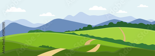 Nature park or forest outdoor background with mountains. Flat cartoon style vector illustration