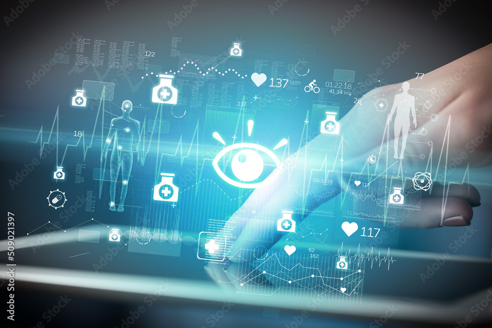 Close-up of a touchscreen with healthcare icons Close-up of a touchscreen with healthcare icons