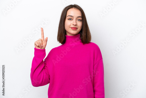 Obraz na płótnie Young Ukrainian woman isolated on white background pointing up a great idea