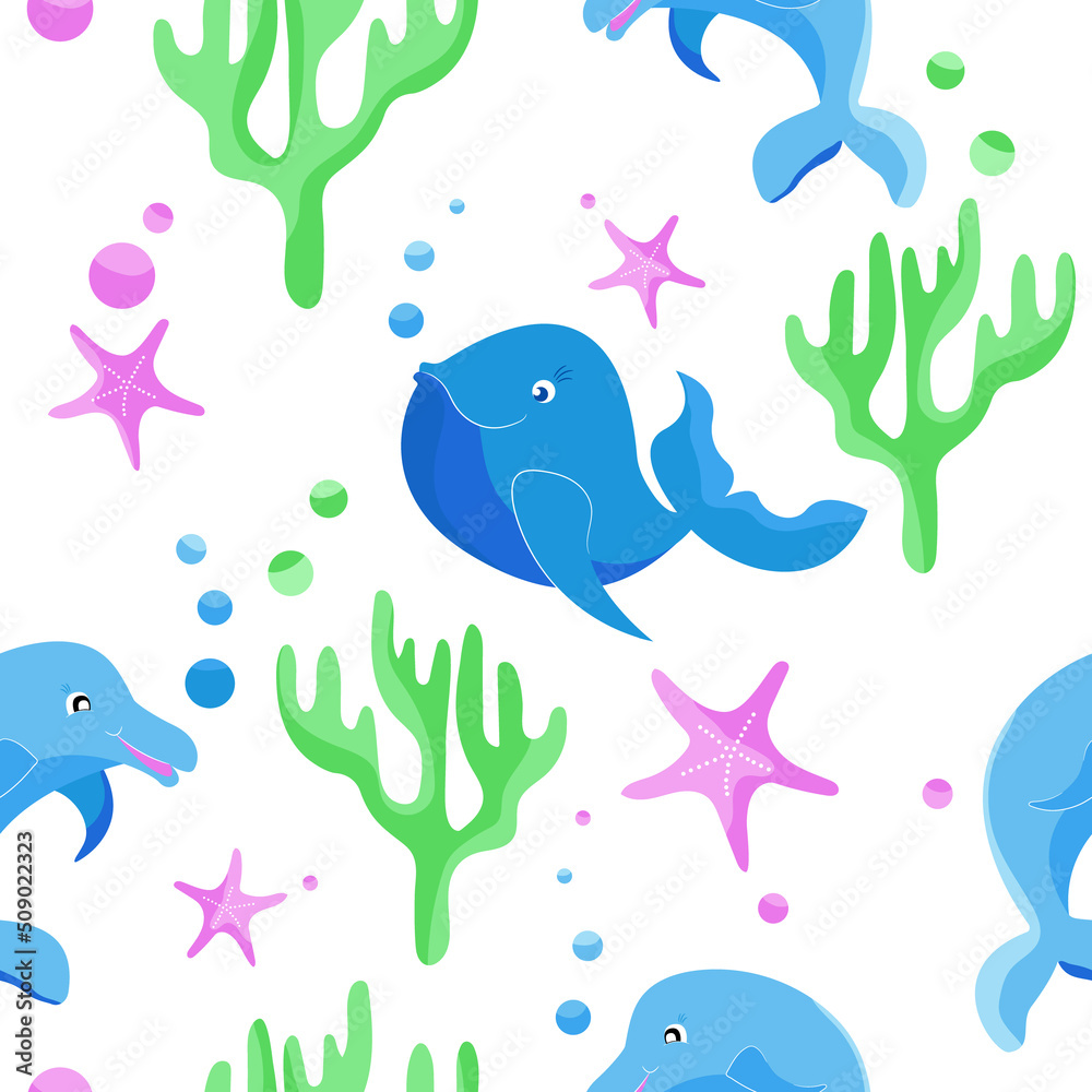 Underwater world seamless pattern. Whale and dolphin, corals, starfish and bubbles. Printing, textiles, packaging design and wallpaper.