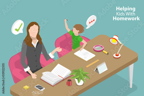 3D Isometric Flat Vector Conceptual Illustration of Helping Kids With Homework, Studying Process at Home