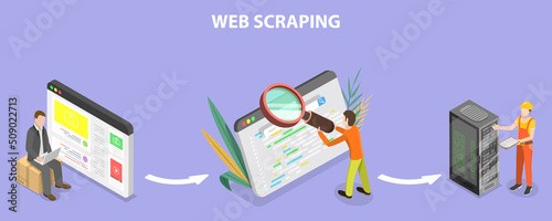 3D Isometric Flat Vector Conceptual Illustration of Web Scraping, Automatic Network Content Collection photo