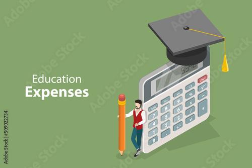 3D Isometric Flat Vector Conceptual Illustration of Education Expenses, College Education Pricing