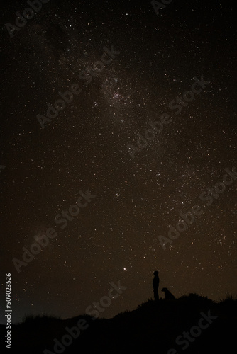 silhouette of a man standing in the starry night with his dog