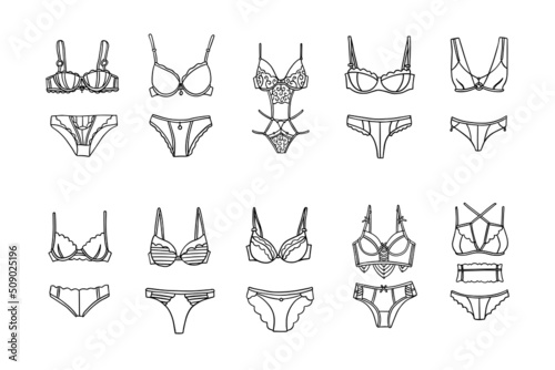 women underwear Collection of fashionable. Doodle outline hand drawn style. bra and panties photo