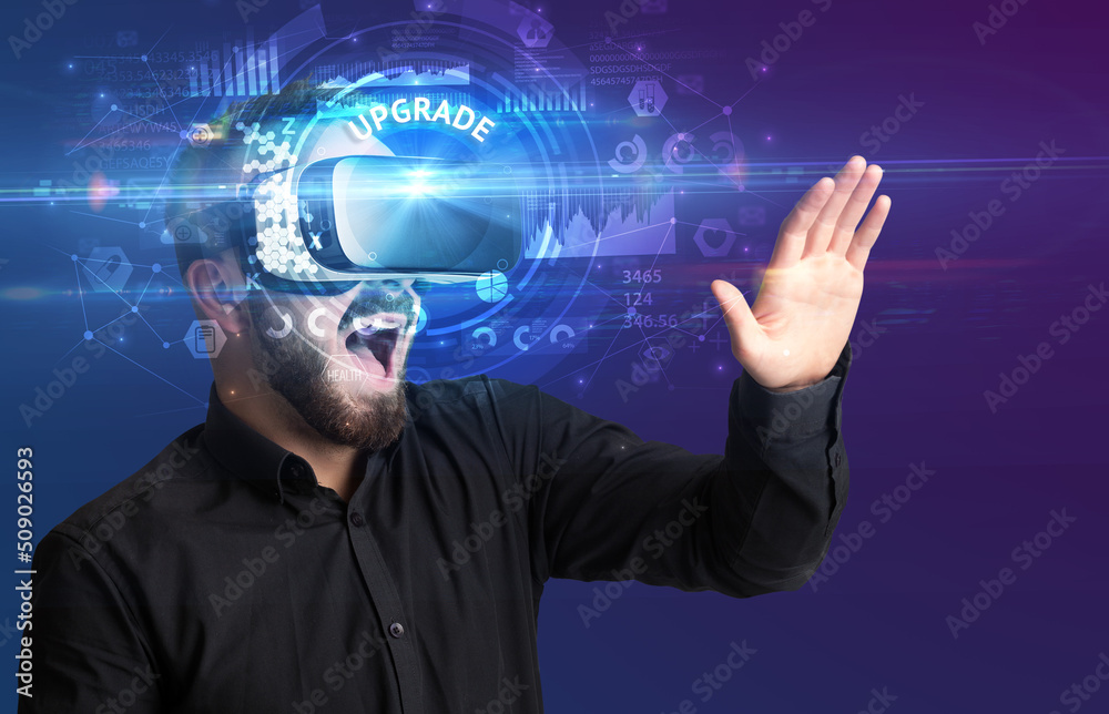 Businessman looking through VR glasses Businessman looking through VR glasses