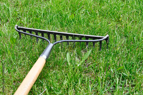 Canvas Print A close up image of an old metal garden rake and tall green grass