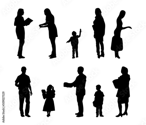 Vector silhouettes, Outline silhouettes of people, Contour drawing, people silhouette, Icon Set Isolated, Silhouette of sitting people, Architectural set	
