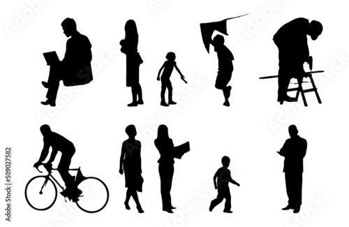 Vector silhouettes, Outline silhouettes of people, Contour drawing, people silhouette, Icon Set Isolated, Silhouette of sitting people, Architectural set	