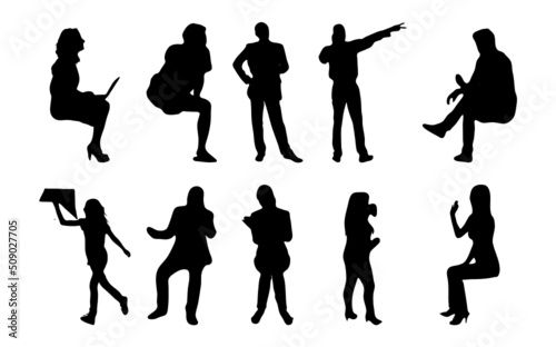 Vector silhouettes, Outline silhouettes of people, Contour drawing, people silhouette, Icon Set Isolated, Silhouette of sitting people, Architectural set	