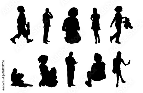 Vector silhouettes, Outline silhouettes of people, Contour drawing, people silhouette, Icon Set Isolated, Silhouette of sitting people, Architectural set	