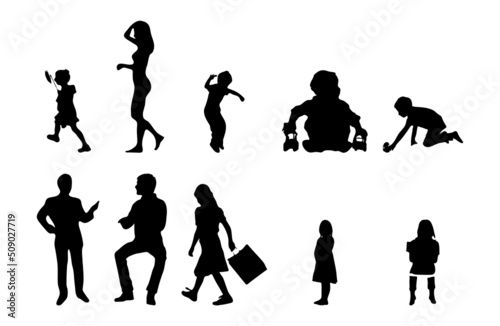 Vector silhouettes, Outline silhouettes of people, Contour drawing, people silhouette, Icon Set Isolated, Silhouette of sitting people, Architectural set	